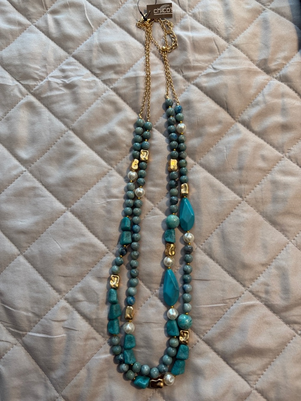 Chico's Turquoise & Gold Multi-Strand Beaded Necklace